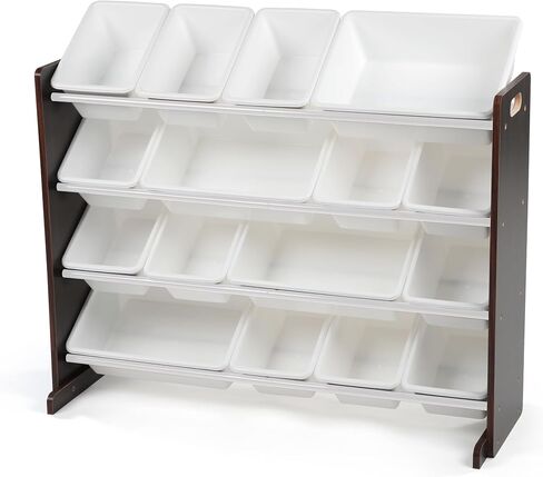 Humble Crew Kids Toy Organizer with 16 Bins, 4 Tier Storage for Playroom | Sturdy wood and steel toddler shelf, removable BPA-free containers, wall anchor anti-tip safety kit for bedroom or classroom in Kuwait