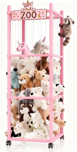 Stuffed Animal Storage Zoo Tower,56In Wooden Large Stuffed Animal Holder Organizer with Wheels,Stuffy Plushies Storage with Elastic Band&Mesh Bottom,Toy Storage Organizers for Playroom Bedroom Nursery in Kuwait