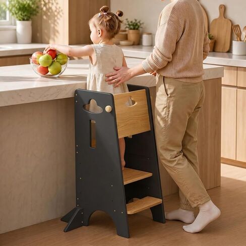 Costyland Toddler Towning Tower Hightable - Super Super Kids Kitch Kitchen Helper - 3 مستويات قابلة للتعديل براز مطبخ خشبي قابلة للتعديل (طبيعي وأبيض) in Kuwait