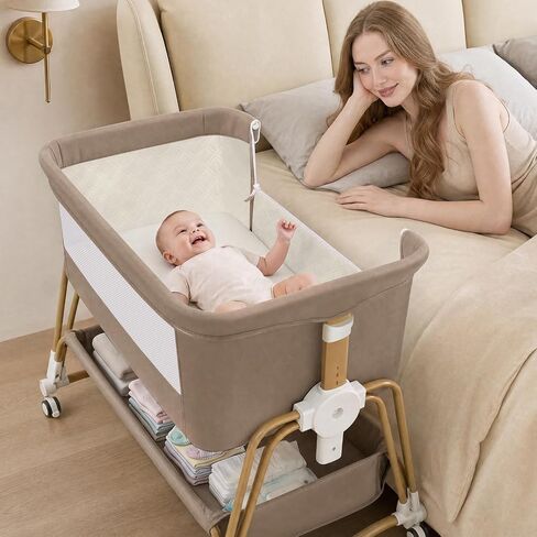 suihuooo 4-in-1 Baby Bassinet, Portable Bassinet Bedside Sleeper with Wheels and Storage Basket, 7 Height Adjustable Breathable Mesh Rocking Bassinet with Mosquito Net for Newborn-Khaki Brown in Saudi Arabia