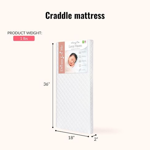 Dream On Me Luna Haven 2" Cradle Mattress – Lightweight Firm Polyester Fiber Core, Waterproof & Easy-Clean, Stain & Odor Resistant, Greenguard Gold and BSA Certified (36" L x 18" W x 2" H) in Kuwait