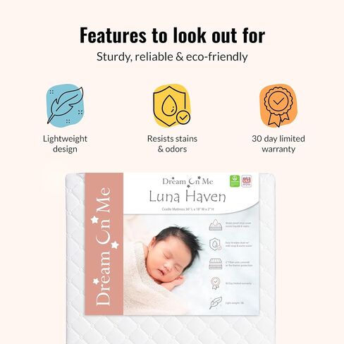 Dream On Me Luna Haven 2" Cradle Mattress – Lightweight Firm Polyester Fiber Core, Waterproof & Easy-Clean, Stain & Odor Resistant, Greenguard Gold and BSA Certified (36" L x 18" W x 2" H) in Kuwait