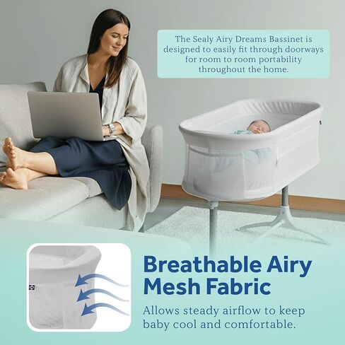Sealy Baby Airy Dreams 2-in-1 Bedside Bassinet Sleeper with Breathable Mesh, Adjustable Height, Cozy Quilted Sheet and Mattress Pad in Kuwait