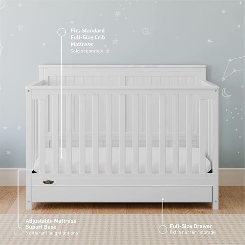 Graco Hadley 5-in-1 Convertible Crib with Drawer – GREENGUARD Gold Certified, Fits Standard Crib Mattress, Converts to Toddler Bed, Daybed and Full Bed, 4 Adjustable Mattress Heights (White) | GREENGUARD Gold Certified, Fits Standard Crib Mattress, Conver in Kuwait