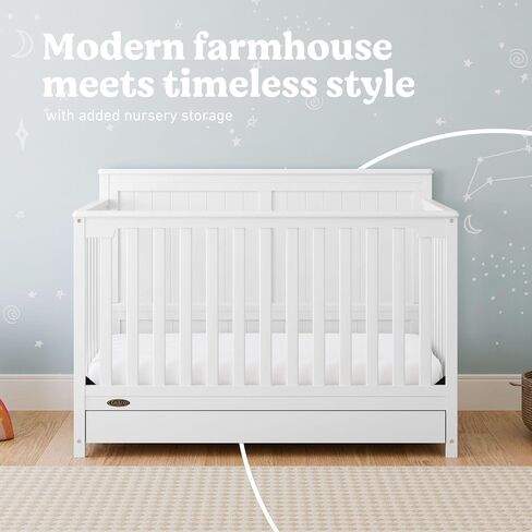 Graco Hadley 5-in-1 Convertible Crib with Drawer – GREENGUARD Gold Certified, Fits Standard Crib Mattress, Converts to Toddler Bed, Daybed and Full Bed, 4 Adjustable Mattress Heights (White) | GREENGUARD Gold Certified, Fits Standard Crib Mattress, Conver in Kuwait