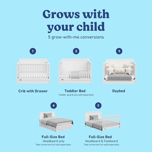 Graco Hadley 5-in-1 Convertible Crib with Drawer – GREENGUARD Gold Certified, Fits Standard Crib Mattress, Converts to Toddler Bed, Daybed and Full Bed, 4 Adjustable Mattress Heights (White) | GREENGUARD Gold Certified, Fits Standard Crib Mattress, Conver in Kuwait