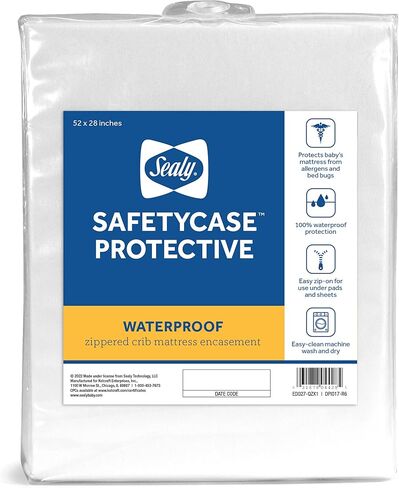 Sealy Baby SafetyCase Breathable Waterproof Crib Mattress Protector Pad, Toddler Bed Cover, Zippered Bedding Encasement, Noiseless, Machine Washable / Dryer Friendly, 52x28" - White in Kuwait
