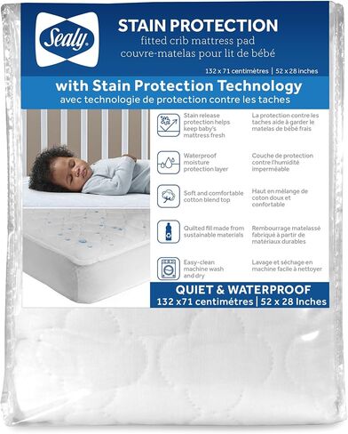 Sealy Baby Crib Mattress Protector - Stain Protection Waterproof Pad, Noiseless Fitted Sheet Cover with Quilted Cotton-Blend Top for Comfort – Machine Washable and Easy Clean, 52x28 in Kuwait