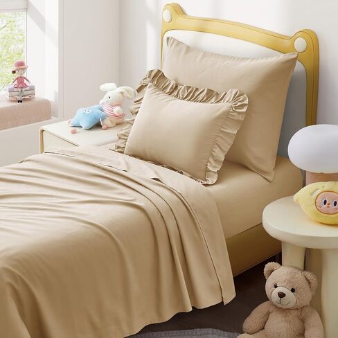 4 Piece Soft Toddler Sheet Set, Light Pink | Includes Flat Sheet, Fitted Sheet, Standard Pillowcase, Ruffled Toddler Pillowcase in Kuwait