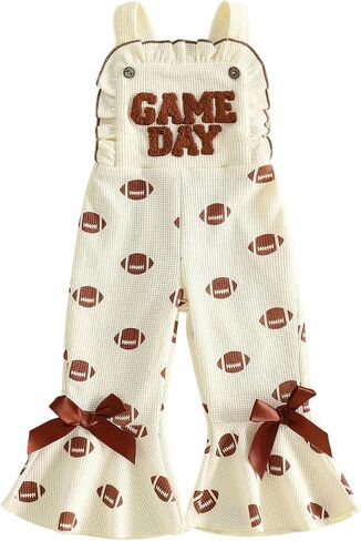 Toddler Football Outfits Bell Bottom Overalls Sleeveless Jumpsuit | Baby Girls Football Outfit Plaid Overalls Bell Bottoms with Double Bow, for Football Season Game Day, for 18M-6Y Girl in Kuwait