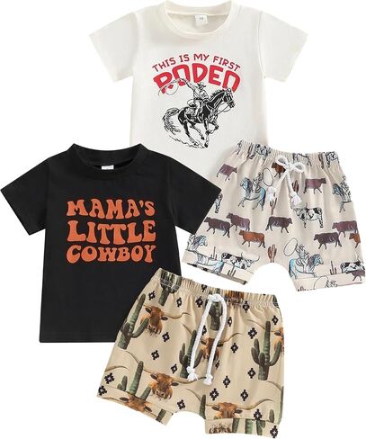 Toddler Boy Summer Clothes, 2 Pcs Cotton Cowboy-Print Outfits Set 0-4T | Western Baby Boy Clothes, Crewneck Infant Boy Clothes, Soft Breathable Short Sleeve T Shirt and Short, Elastic Pants in Kuwait