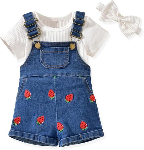 3-18 Months Baby Girls Denim Overall Shorts Set Short Sleeve Romper Jean Shortall Outfit in Kuwait