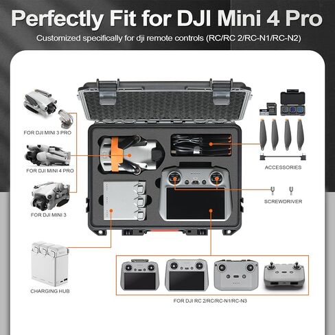 Hard Case for DJI Mini 4 Pro: Waterproof Hard Shell with Foam for DJI Drone Mini 3 Pro/Min3/RC2/RC/RC-N2/N1| Travel Carrying Storage Box for fly more combo Batteries and Accesories Kit ( Case Only) | Hard Shell Carrying Storage with Custom Foam for DJI Mi in Kuwait