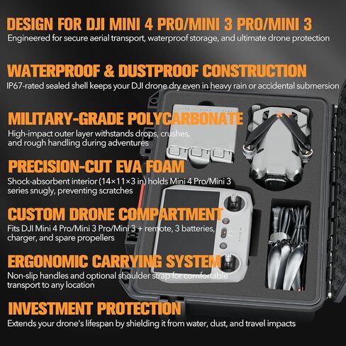 Hard Case for DJI Mini 4 Pro: Waterproof Hard Shell with Foam for DJI Drone Mini 3 Pro/Min3/RC2/RC/RC-N2/N1| Travel Carrying Storage Box for fly more combo Batteries and Accesories Kit ( Case Only) | Hard Shell Carrying Storage with Custom Foam for DJI Mi in Kuwait