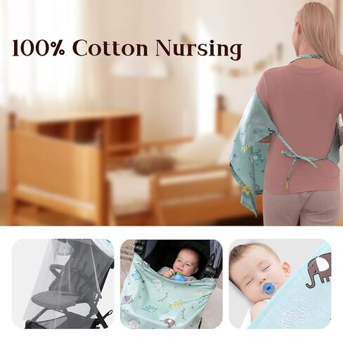 100% Cotton Nursing Cover with Support Ring & Mesh Layer, Breathable Nursing Cover Up for Breastfeeding, Adjustable Arch Neckline Breastfeeding Apron for Women in Kuwait