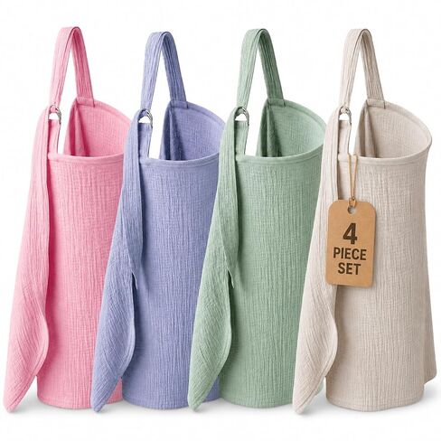 Nursing Cover for Breastfeeding, 4 Pack Muslin Nursing Covers for Baby Set | Soft breathable privacy cover with adjustable neck strap, full coverage, pastel colors for nursing, pumping, travel and gifts in Kuwait