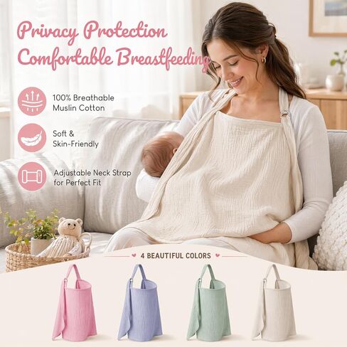 Nursing Cover for Breastfeeding, 4 Pack Muslin Nursing Covers for Baby Set | Soft breathable privacy cover with adjustable neck strap, full coverage, pastel colors for nursing, pumping, travel and gifts in Kuwait
