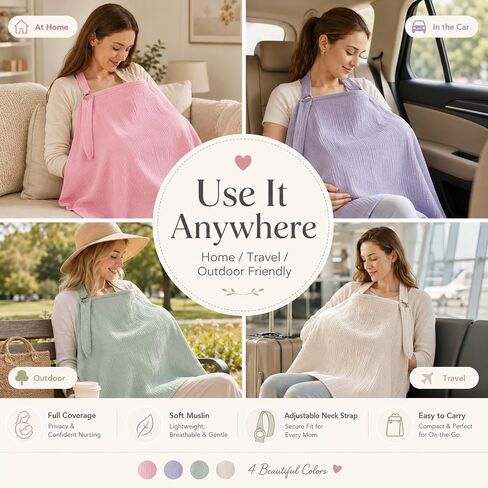 Nursing Cover for Breastfeeding, 4 Pack Muslin Nursing Covers for Baby Set | Soft breathable privacy cover with adjustable neck strap, full coverage, pastel colors for nursing, pumping, travel and gifts in Kuwait