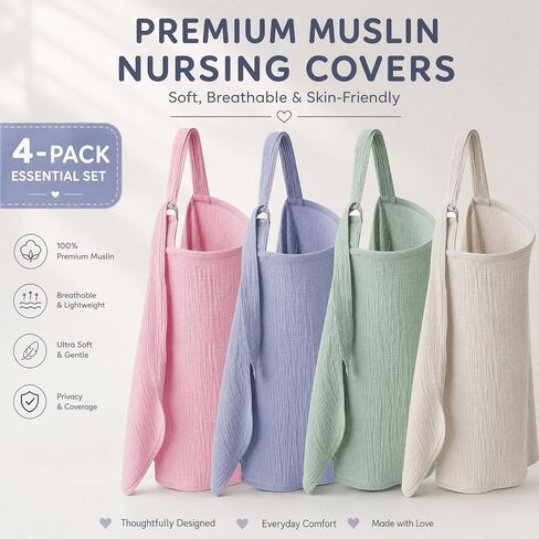 Nursing Cover for Breastfeeding, 4 Pack Muslin Nursing Covers for Baby Set | Soft breathable privacy cover with adjustable neck strap, full coverage, pastel colors for nursing, pumping, travel and gifts in Kuwait