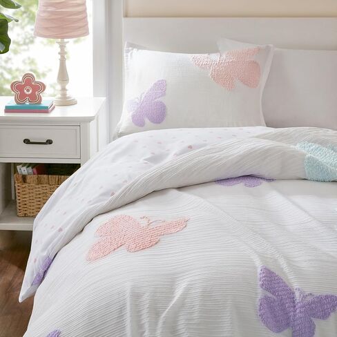 Intelligent Design Kids White Floral Queen Duvet Cover Set for Girls, 3pc | Tufted Chenille, Polka Dot Reverse, Machine Washable, All Season, Lightweight, Full Duvet Set, Ultra Soft in Kuwait