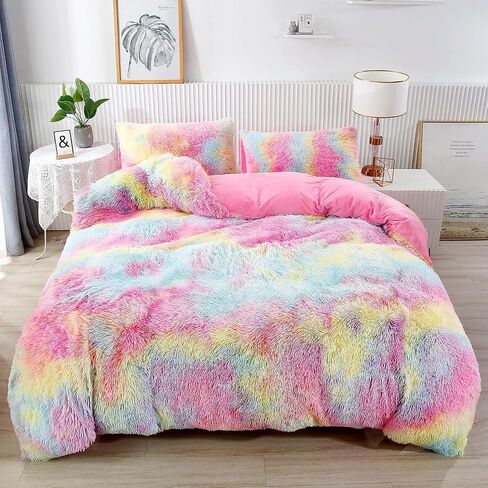 RYNGHIPY Purple Tie Dye Rainbow Duvet Cover Set, Fluffy Fuzzy Long Hair Faux Fur Crystal Velvet Bedding Set for Teens Girls (Purple,Twin) in Kuwait