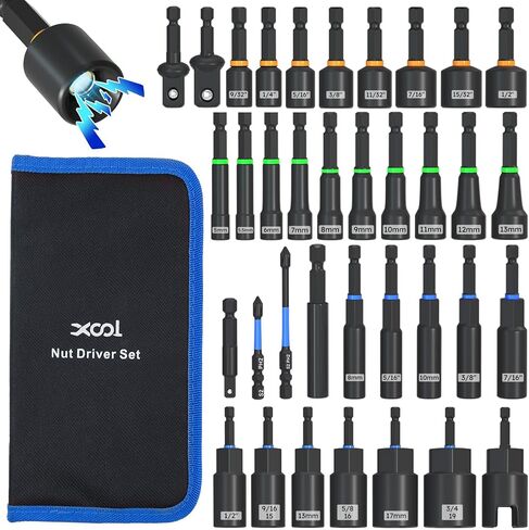 XOOL 36PCS Magnetic Nut Driver Set, Metric and SAE Nut Driver Set for 1/4" Quick-Change Hex Shank, Impact Drill Driver Bit Set with Storage Bag in Kuwait