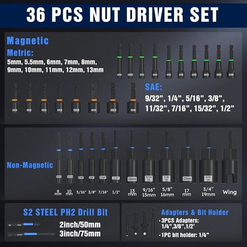 XOOL 36PCS Magnetic Nut Driver Set, Metric and SAE Nut Driver Set for 1/4" Quick-Change Hex Shank, Impact Drill Driver Bit Set with Storage Bag in Kuwait