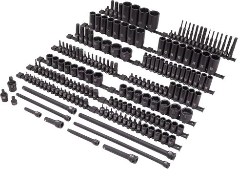 SUNEX Tools 80 Piece 3/8 in. Drive Master Impact Socket Set, Universal, Star, External Star, Extensions, Universal Joint, SAE and Metric, 8mm to 19mm and 5/16 in. to 3/4 in., CR-MO Steel, Model 3580 in Kuwait