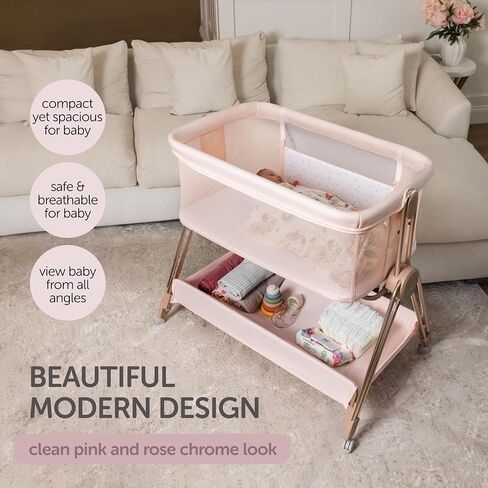 KOOLABABY Baby Bedside Sleeper - Bassinet & Bedside Crib with Height Adjustment & Wheels - Can Be Placed Next to Bed - Attaches to Parents Bed - Easy to Fold & Carry Bassinet for Girls (Pink) in Kuwait