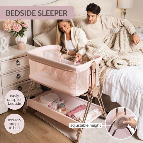 KOOLABABY Baby Bedside Sleeper - Bassinet & Bedside Crib with Height Adjustment & Wheels - Can Be Placed Next to Bed - Attaches to Parents Bed - Easy to Fold & Carry Bassinet for Girls (Pink) in Kuwait
