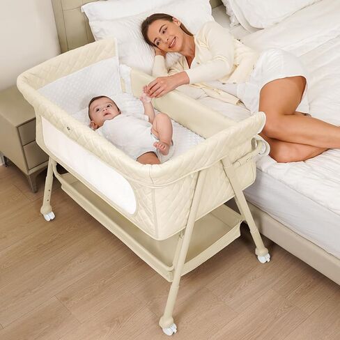 Baby Crib, Baby Bassinets Bedside Sleeper with Breathable Mesh & Mattress, Easy Move Crib for Newborns with Lockable Wheels, 4-Adjustable Height Bedside Bassinet (Beige) in Kuwait