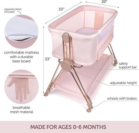 KOOLABABY Baby Bedside Sleeper - Bassinet & Bedside Crib with Height Adjustment & Wheels - Can Be Placed Next to Bed - Attaches to Parents Bed - Easy to Fold & Carry Bassinet for Girls (Pink) in Kuwait