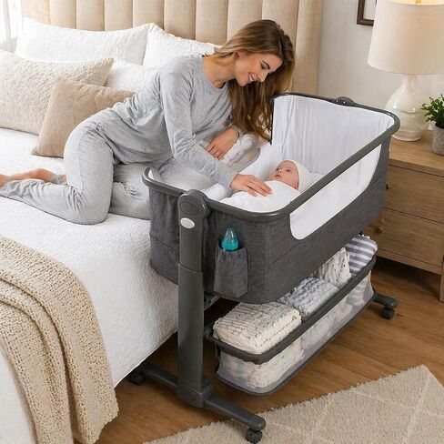 KoolerThings Baby Bassinet, Bedside Sleeper for Baby, Easy Folding Portable Crib with Storage Basket for Newborn, Bedside Bassinet, Comfy Mattress/Travel Bag Included (Bassinet) (Grey) in Kuwait