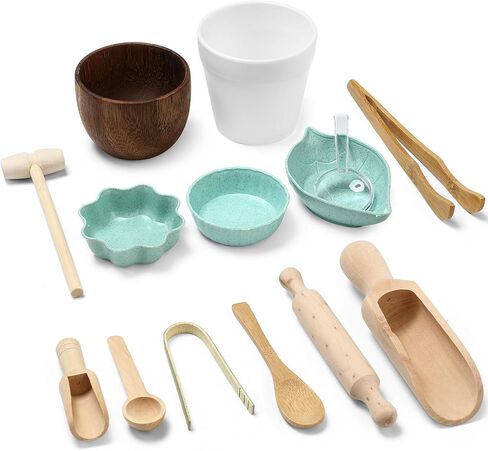 14pcs Sensory Bin Tool Sensory Tools for Boys and Girls Fine Motor Skill Toys Wooden Tong Spoons Bowls Plate Hammer Magnifying Glass and Rolling Pin for Transfer Work and Fine Motor Learning in Kuwait