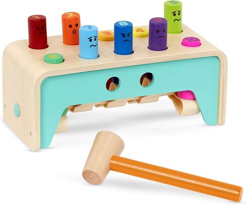 Battat Wooden Pounding Bench Toy with Mallet, Pound & Count Bench | Wooden pounding bench with 10 colorful pegs and 1 mallet for numbers, colors, and emotions; side mallet storage; 1+ Years in Kuwait
