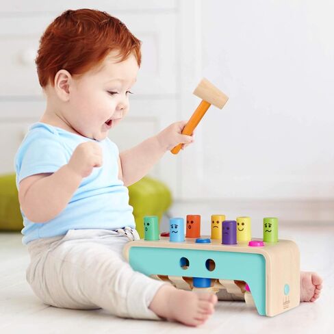 Battat Wooden Pounding Bench Toy with Mallet, Pound & Count Bench | Wooden pounding bench with 10 colorful pegs and 1 mallet for numbers, colors, and emotions; side mallet storage; 1+ Years in Kuwait