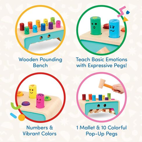Battat Wooden Pounding Bench Toy with Mallet, Pound & Count Bench | Wooden pounding bench with 10 colorful pegs and 1 mallet for numbers, colors, and emotions; side mallet storage; 1+ Years in Kuwait
