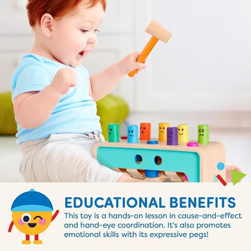 Battat Wooden Pounding Bench Toy with Mallet, Pound & Count Bench | Wooden pounding bench with 10 colorful pegs and 1 mallet for numbers, colors, and emotions; side mallet storage; 1+ Years in Kuwait