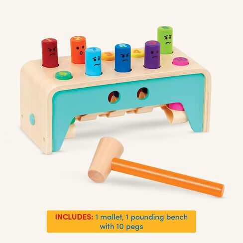 Battat Wooden Pounding Bench Toy with Mallet, Pound & Count Bench | Wooden pounding bench with 10 colorful pegs and 1 mallet for numbers, colors, and emotions; side mallet storage; 1+ Years in Kuwait