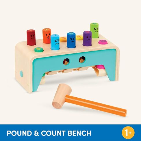Battat Wooden Pounding Bench Toy with Mallet, Pound & Count Bench | Wooden pounding bench with 10 colorful pegs and 1 mallet for numbers, colors, and emotions; side mallet storage; 1+ Years in Kuwait
