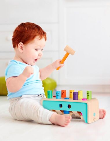 Battat Wooden Pounding Bench Toy with Mallet, Pound & Count Bench | Wooden pounding bench with 10 colorful pegs and 1 mallet for numbers, colors, and emotions; side mallet storage; 1+ Years in Kuwait
