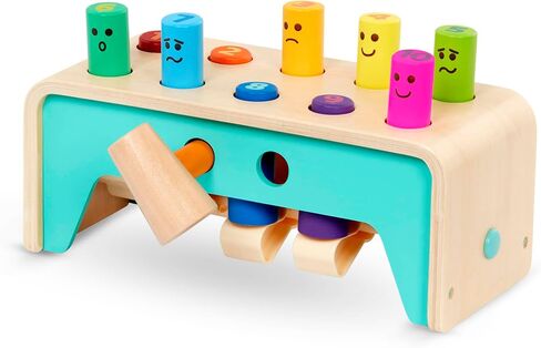 Battat Wooden Pounding Bench Toy with Mallet, Pound & Count Bench | Wooden pounding bench with 10 colorful pegs and 1 mallet for numbers, colors, and emotions; side mallet storage; 1+ Years in Kuwait