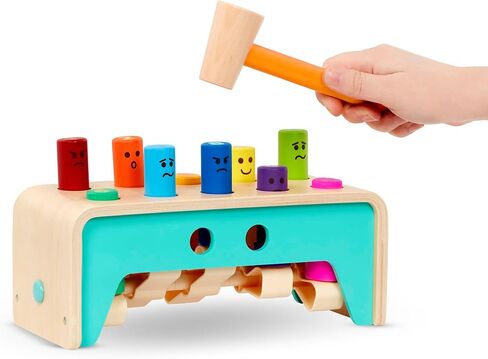 Battat Wooden Pounding Bench Toy with Mallet, Pound & Count Bench | Wooden pounding bench with 10 colorful pegs and 1 mallet for numbers, colors, and emotions; side mallet storage; 1+ Years in Kuwait