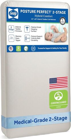 Sealy Baby Posture Perfect Breathable Crib Mattress, GREENGUARD Gold Certified, Made in USA, 2 Stage Hybrid Memory Foam & 150 Premium Coils, Toddler Bed Fit, Safety & Quality Tested, 52x28" in Kuwait