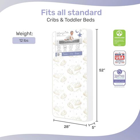 Dream On Me Twilight 5" 2-in-1 Breathable Spring Coil Crib & Toddler Mattress – Firm Infant Side & Plush Toddler Side, Reversible Design, Waterproof Vinyl Cover, GREENGUARD Gold & BSA Certified in Kuwait