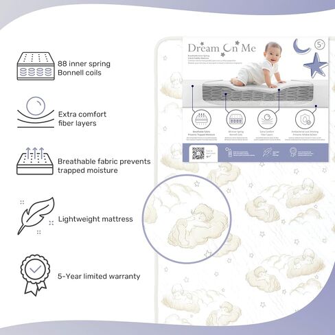 Dream On Me Twilight 5" 2-in-1 Breathable Spring Coil Crib & Toddler Mattress – Firm Infant Side & Plush Toddler Side, Reversible Design, Waterproof Vinyl Cover, GREENGUARD Gold & BSA Certified in Kuwait