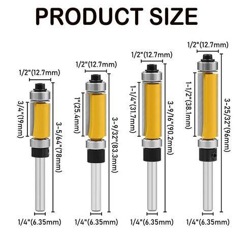 4Pcs Top and Bottom Bearing Flush Trim Router Bits Set 1/4 Inch Shank, Carbide Pattern Flush Trim Cut Router bit, 1/2 Inch Cutting Diameter, 3/4", 1", 1-1/4", 1-1/2" Inch Cutting Length (Size A) in Saudi Arabia