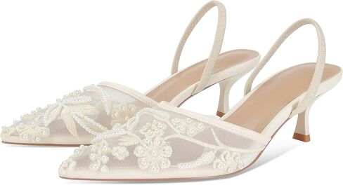 Embroidered Kitten Heels for Women Pointed Toe Mesh Floral Slingback Heeled Sandals With Pearl Slip On Backless Bridal Wedding Sandals Shoes in Saudi Arabia