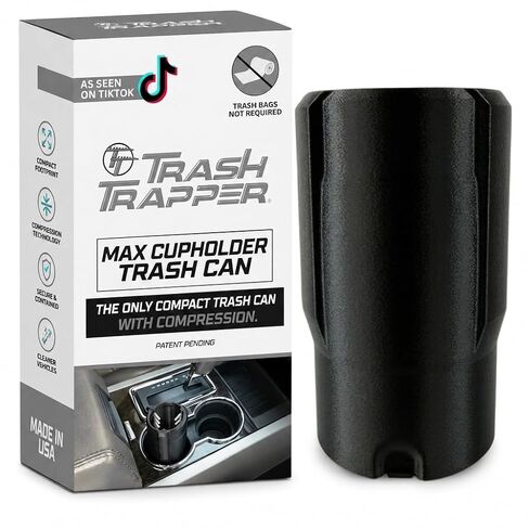 Trash Trapper Car Trash Can Cup Holder | Mini Car Trash Can | Fits in Most Doors | 5.1" x 2.9" | Traps More & Empties Less, Patent-Pending Compaction, Holds Weeks of Small Garbage, Black/Grey in Kuwait