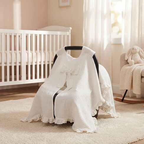 Tegeme 100% Cotton Baby Carseat Canopy Cover with Bow Car Seat Cover 32 x 44 Inches Soft Breathable Canopy for Girls Boys Stroller and Cart Carseat Nursing Covers for Newborn(Cream White) in Kuwait